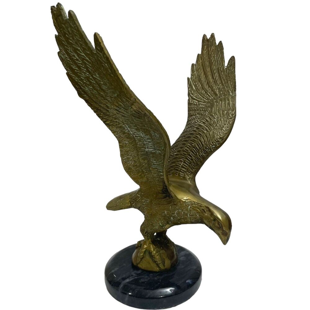 Vtg Brass Eagle Landing Sculpture USA Statue Black Marble Base 11.5” Figurine